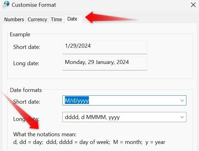 Modification du format de date dans les paramètres de région sous Windows.
