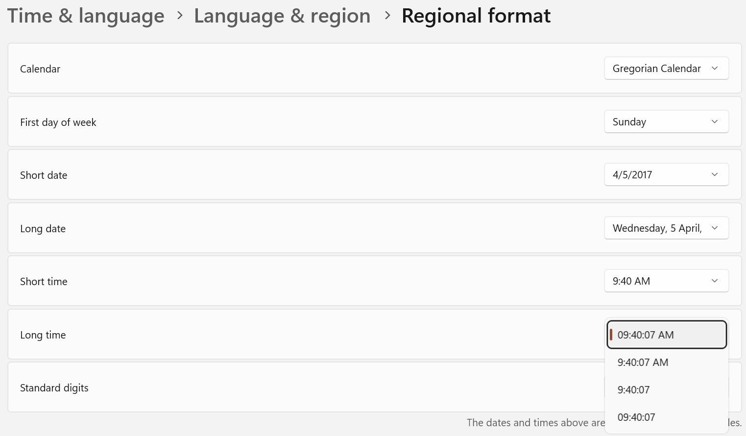 Modification du format de la date et de l'heure dans l'application Paramètres Windows.
