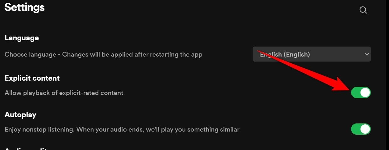 La bascule « Contenu explicite » sur l'application de bureau Spotify