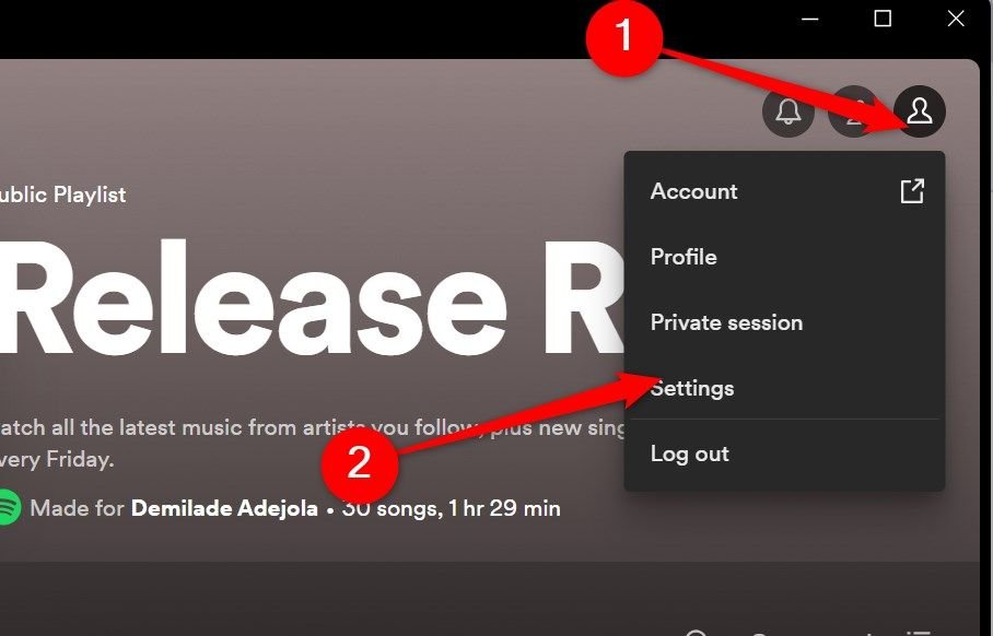 Options du compte Spotify sur l'application de bureau