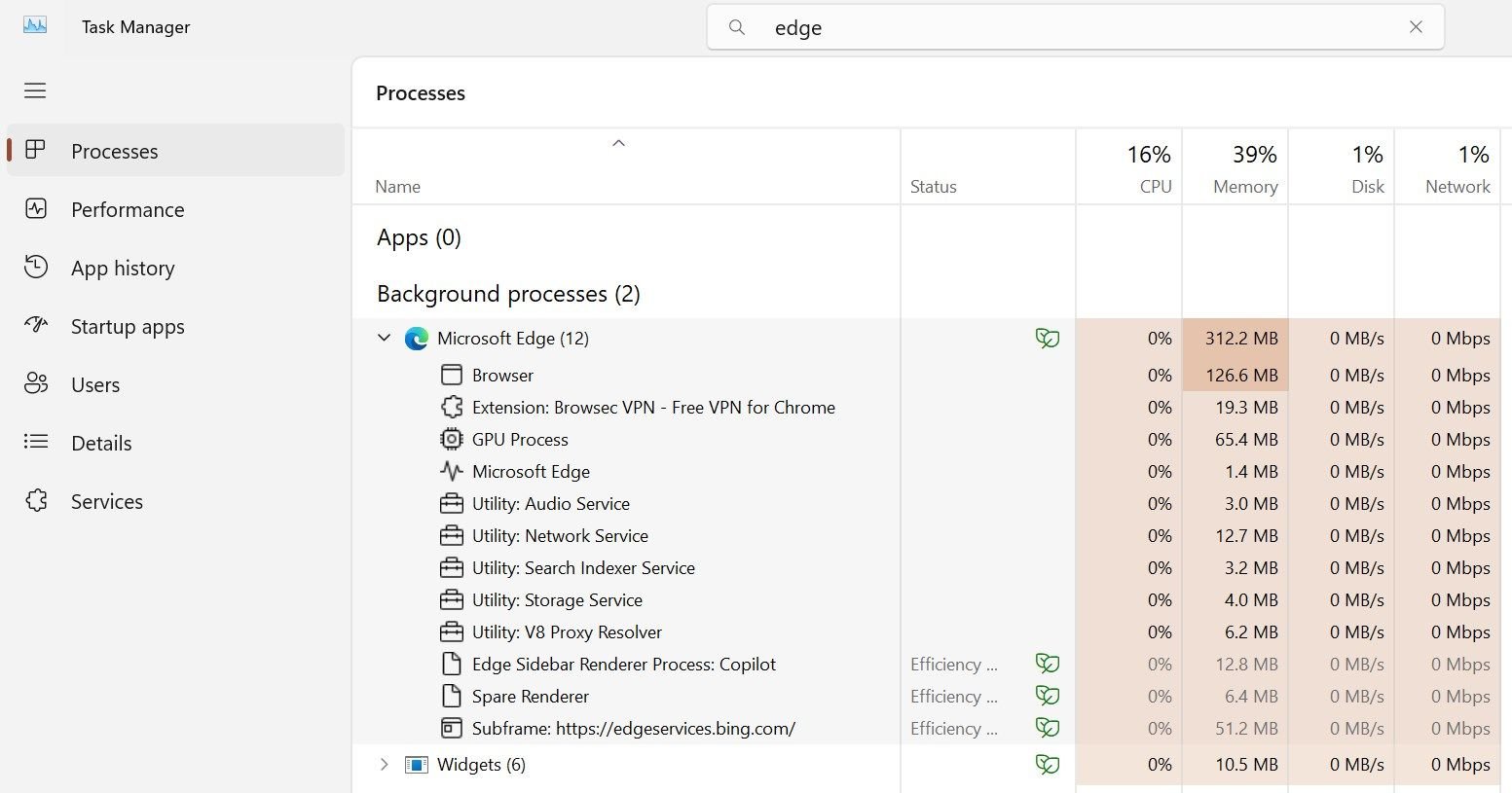 Processus en arrière-plan Microsoft Edge consommant des ressources élevées dans le Gestionnaire des tâches.