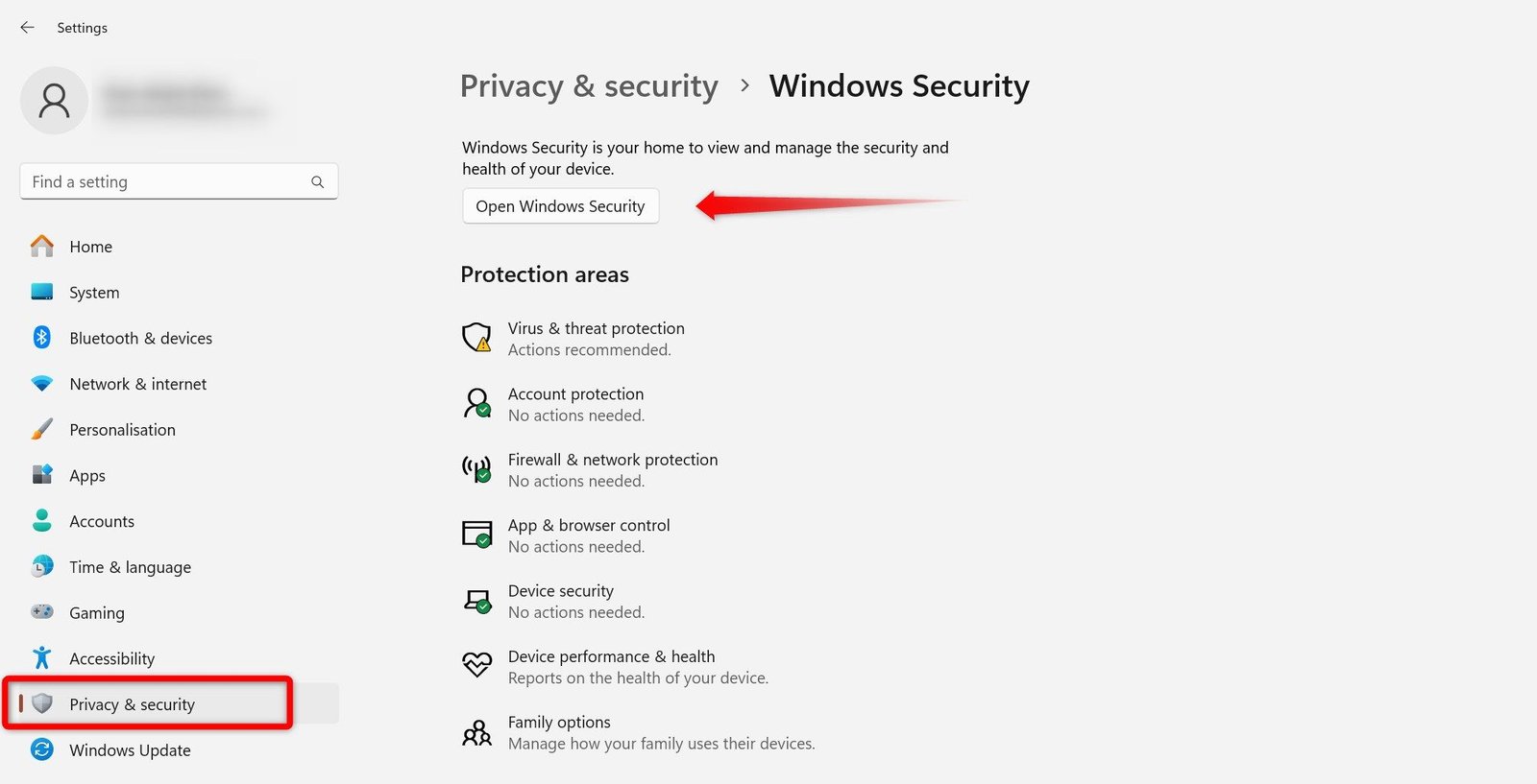 Ouverture de l'application de sécurité Windows à partir des paramètres Windows.