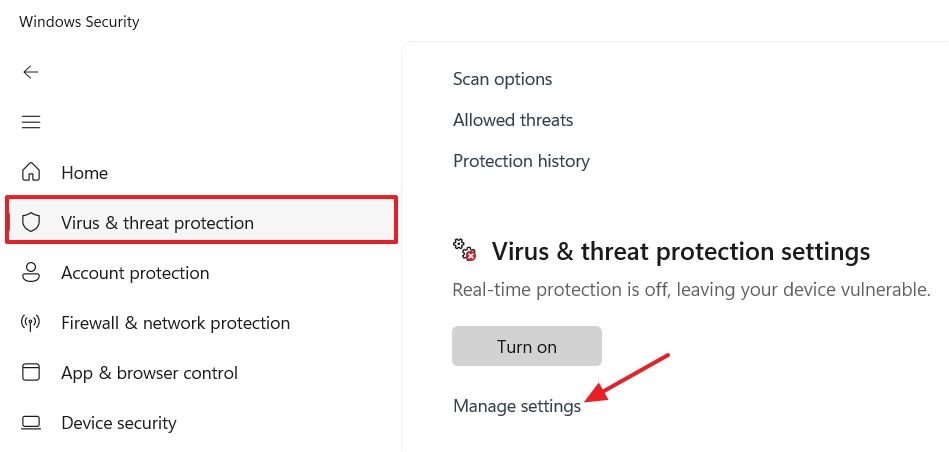 Option Protection contre les virus et les menaces dans l'application de sécurité Windows.