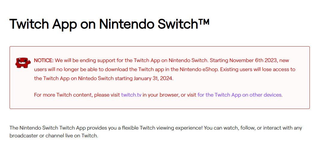 L'avis indiquant que Twitch abandonne l'application Nintendo Switch.