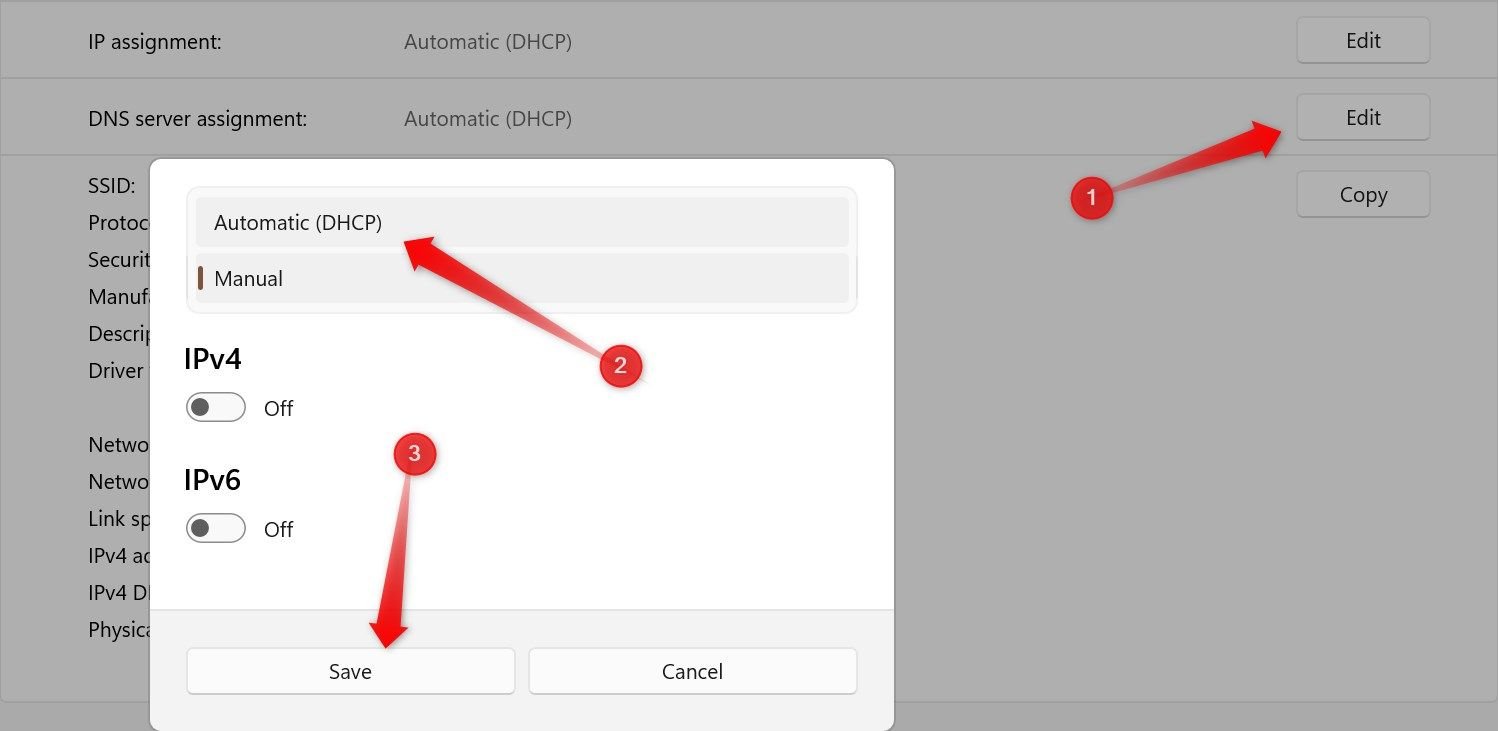 Définit l'attribution du serveur DNS sur automatique dans l'application Paramètres Windows.