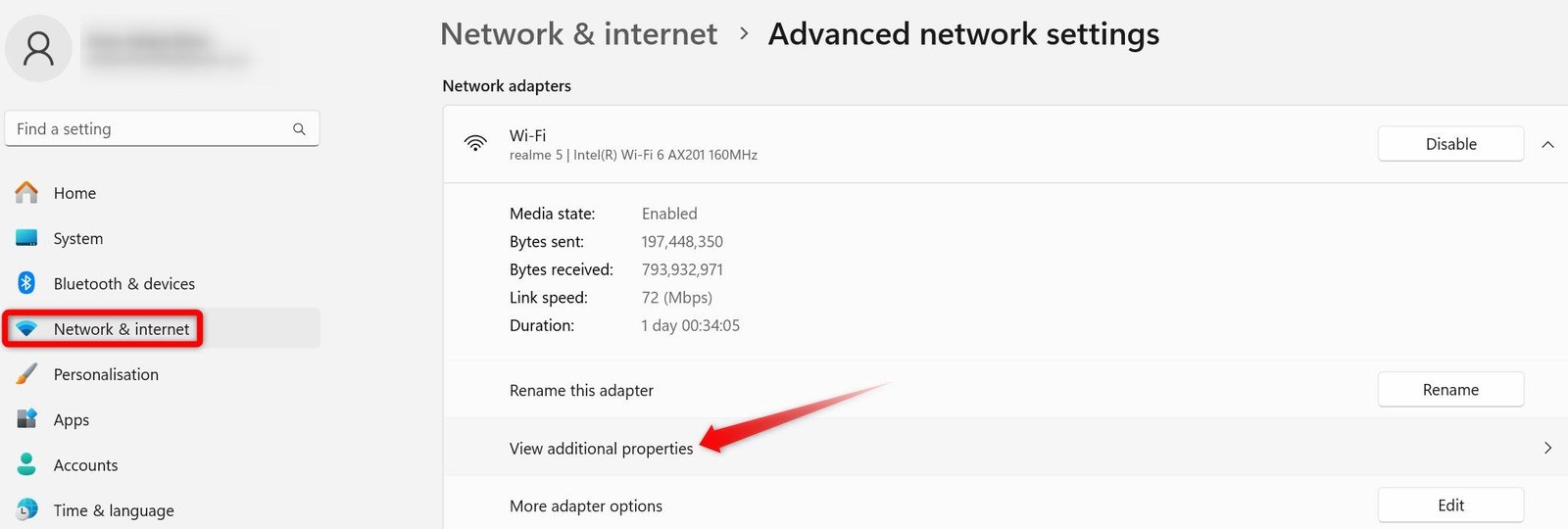 Ouverture des propriétés supplémentaires d'un réseau Wi-Fi dans l'application Paramètres Windows.