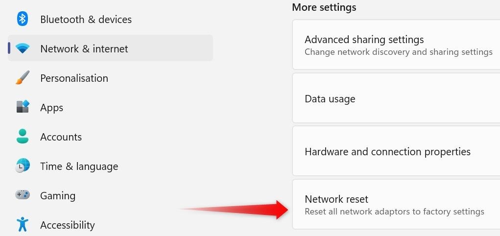Ouverture des paramètres de réinitialisation du réseau dans l'application Paramètres Windows.