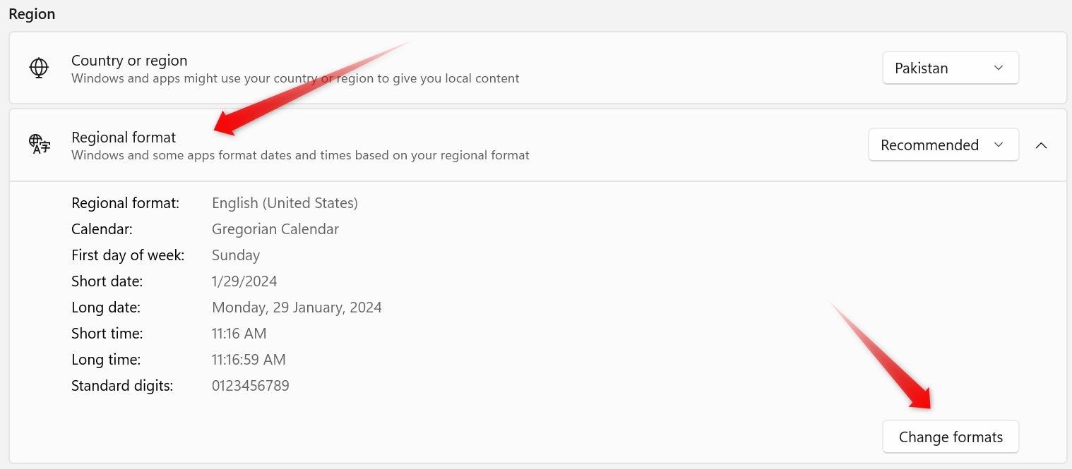 Ouverture des paramètres pour modifier les formats de date et d'heure dans l'application Paramètres.