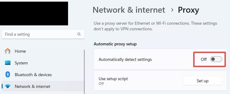 Désactivation de la détection automatique du proxy sous Windows.