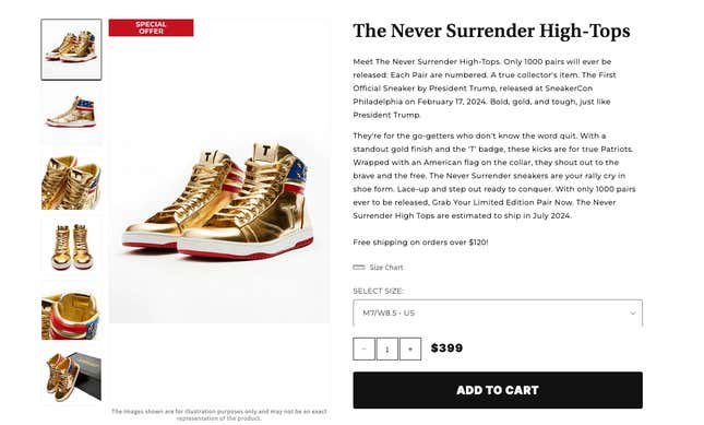 Image de l'article intitulé Donald Trump lance un site Web vendant des baskets à 400 $, mais prétend que ce n'est « pas politique ».