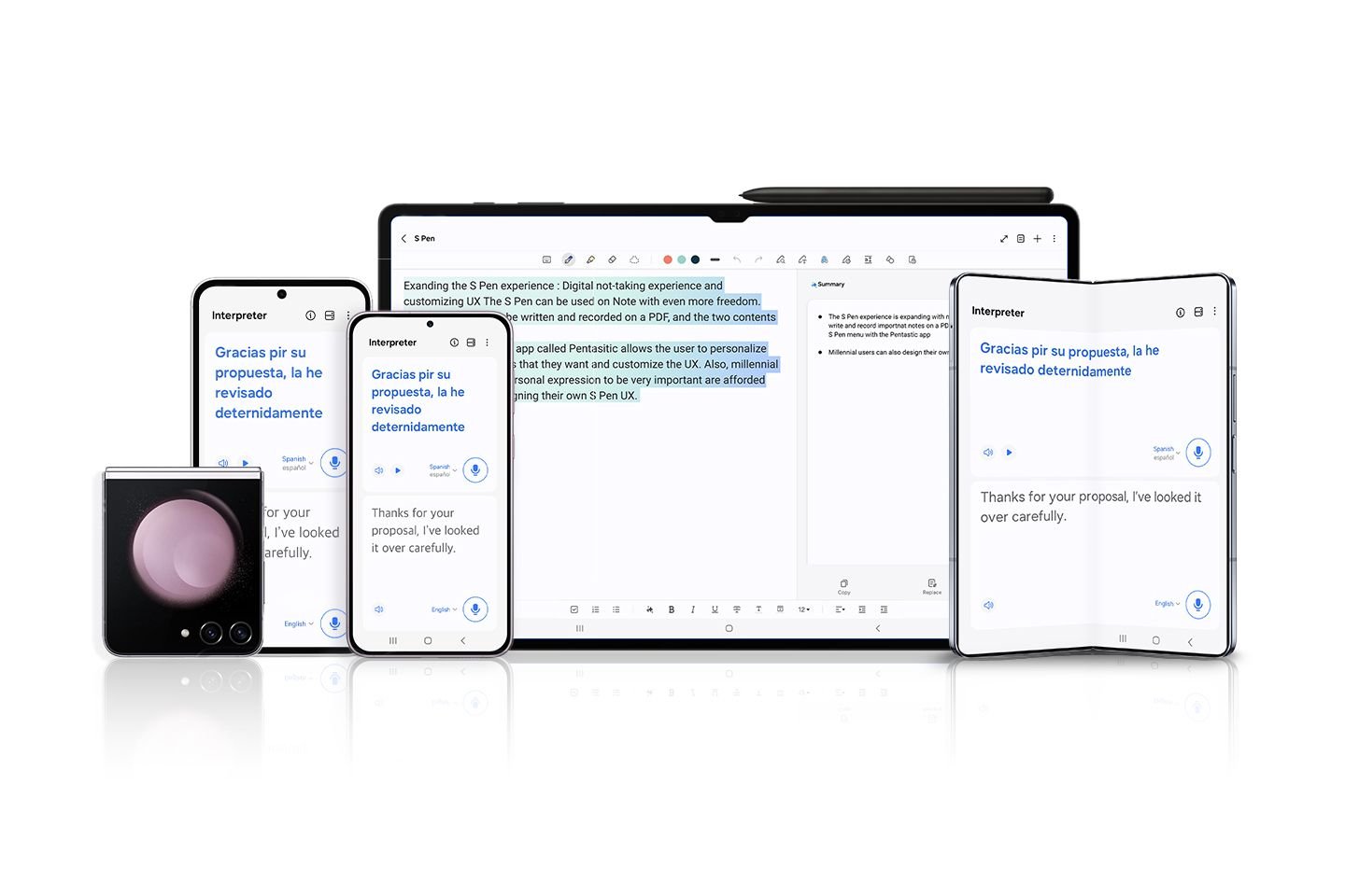 Téléphones et tablettes Galaxy avec fonctionnalités d’IA sur les écrans.