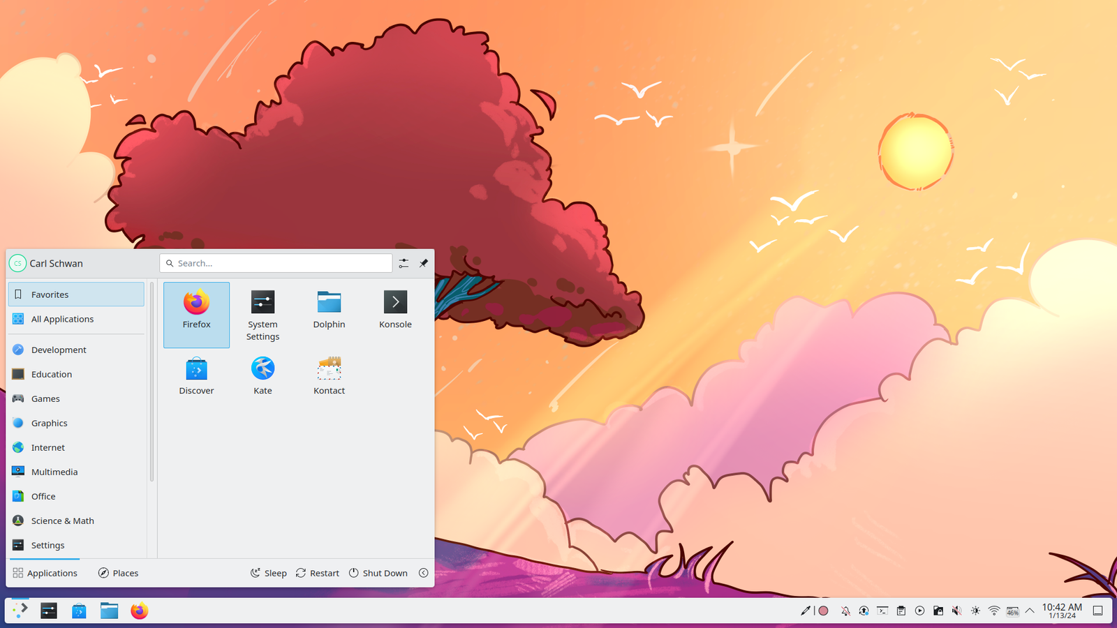 Capture d'écran du bureau KDE Plasma avec le menu Démarrer visible ouvert.