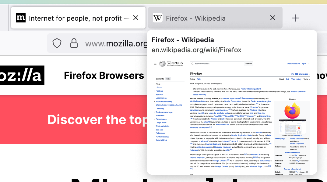 Capture d'écran du survol d'un onglet dans Firefox.
