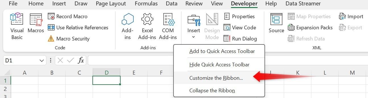 Ouverture de l'option « Personnaliser le ruban » dans Microsoft Excel.