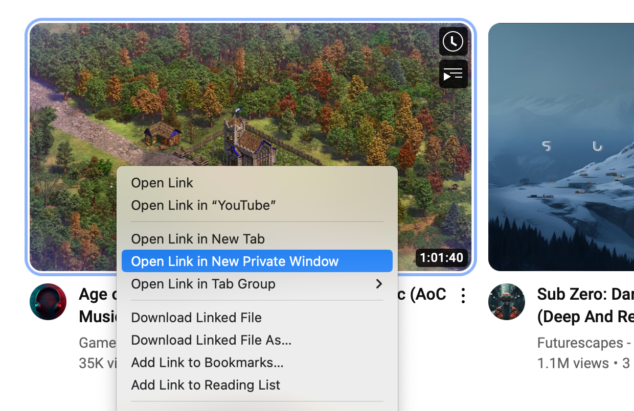 Ouverture d'une vidéo YouTube dans une fenêtre de navigation privée à l'aide de Safari sur un Mac.