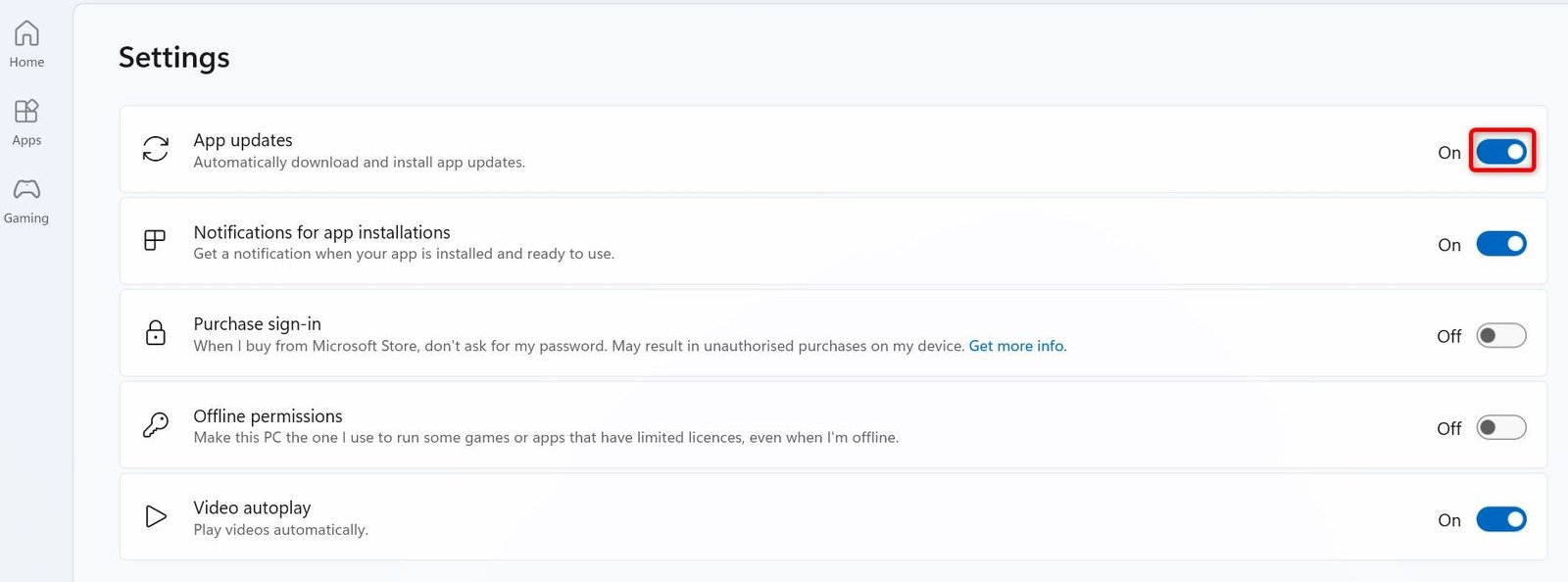 « Mises à jour de l'application » mises en évidence dans les paramètres du Microsoft Store.