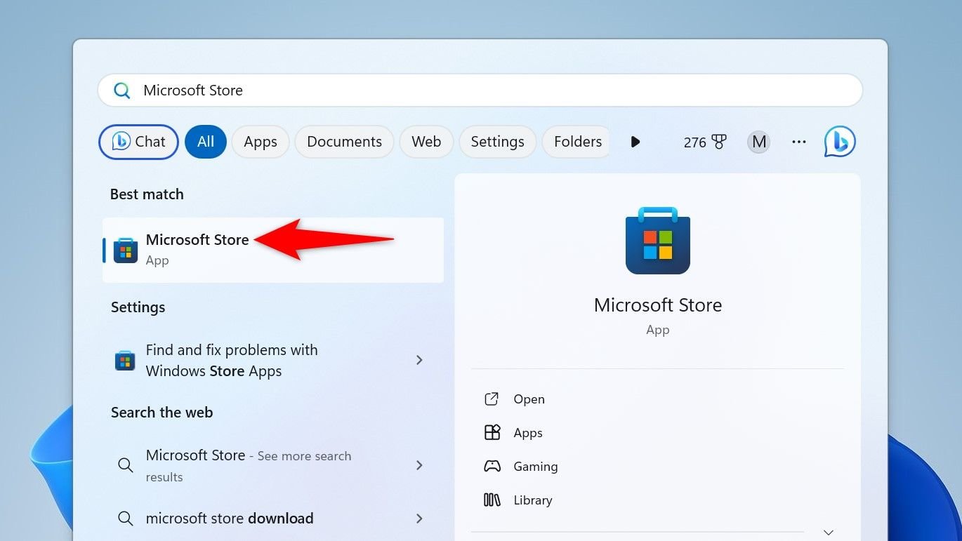 Microsoft Store mis en évidence dans la recherche Windows.