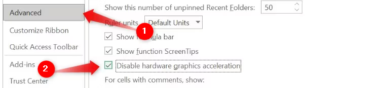 Désactivation de l'accélération matérielle dans Microsoft Excel.