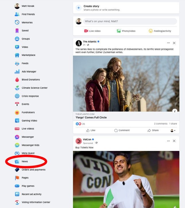 Une capture d'écran de Facebook tel qu'il existe aujourd'hui, avec l'onglet Actualités entouré en rouge.