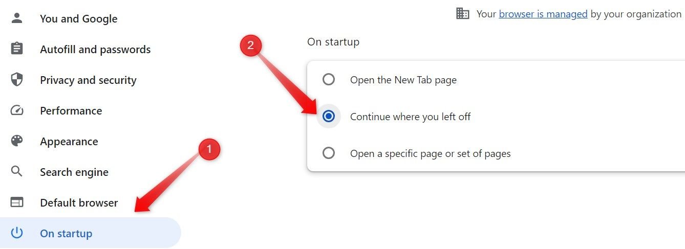 Activation de la fonctionnalité « continuer là où vous vous êtes arrêté » dans les paramètres de Chrome.