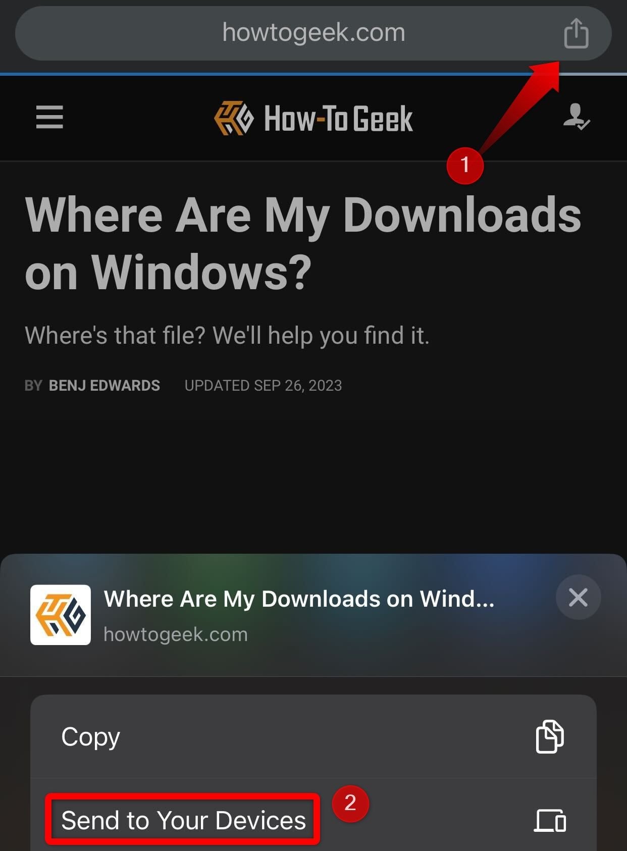 Ouverture du paramètre permettant de partager un lien vers un autre appareil dans Chrome pour iPhone.