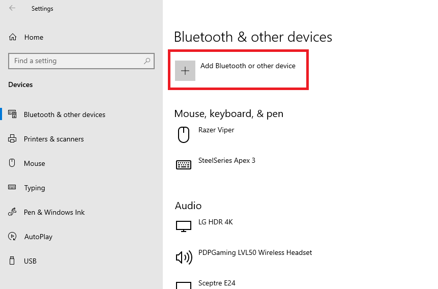 L'option Bluetooth dans les paramètres Windows qui recherchera et se connectera aux appareils à proximité.