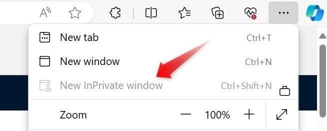 Nouvelle option de fenêtre privée grisée dans Microsoft Edge sous Windows.