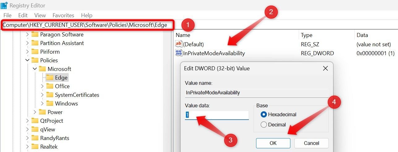 Création d'une clé dans l'Éditeur du Registre pour désactiver le mode privé dans Microsoft Edge.