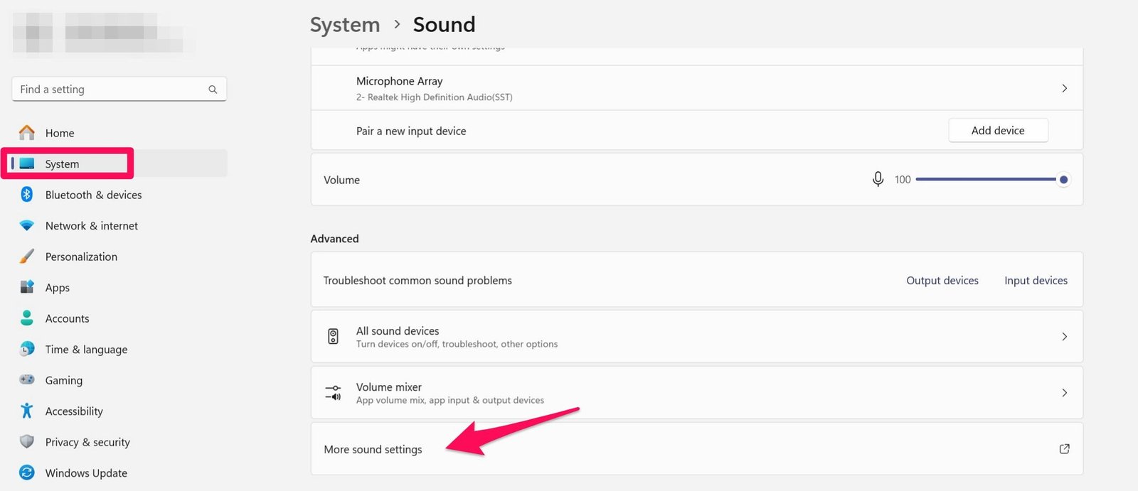 Ouverture d'autres paramètres sonores à partir de l'application Paramètres sous Windows 11