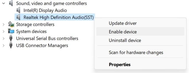 Activation du périphérique audio dans le gestionnaire de périphériques sous Windows.
