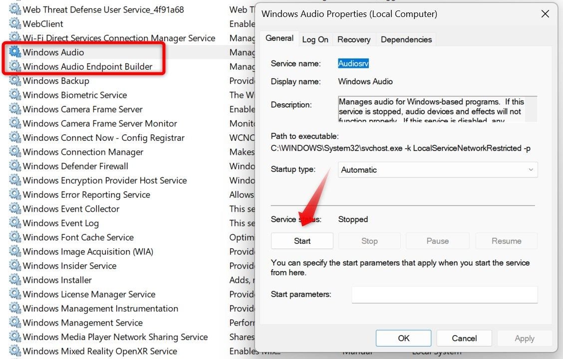 Démarrage d'un service audio désactivé dans l'application de services sous Windows.