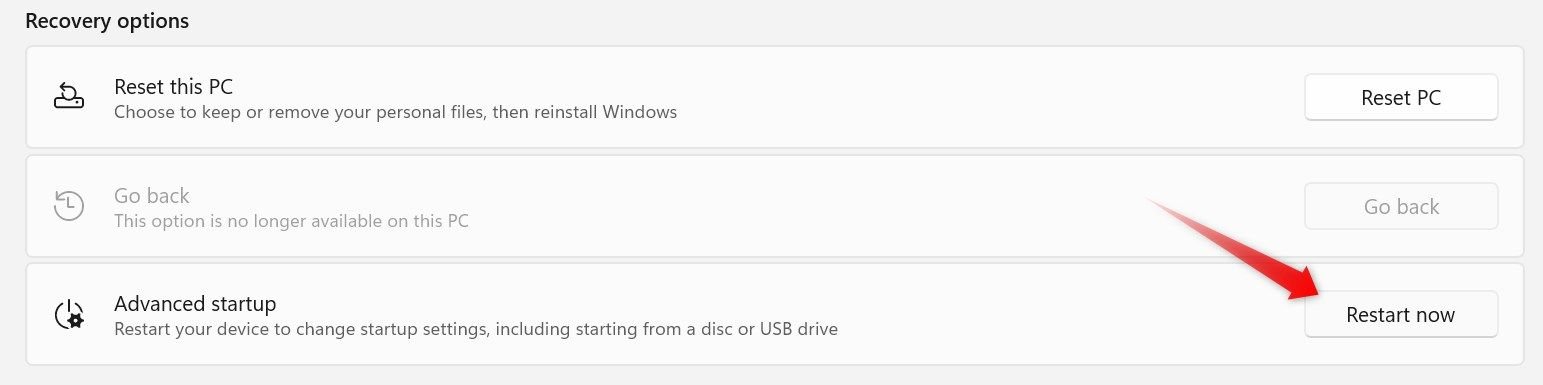 Ouverture du démarrage avancé à partir des paramètres Windows.