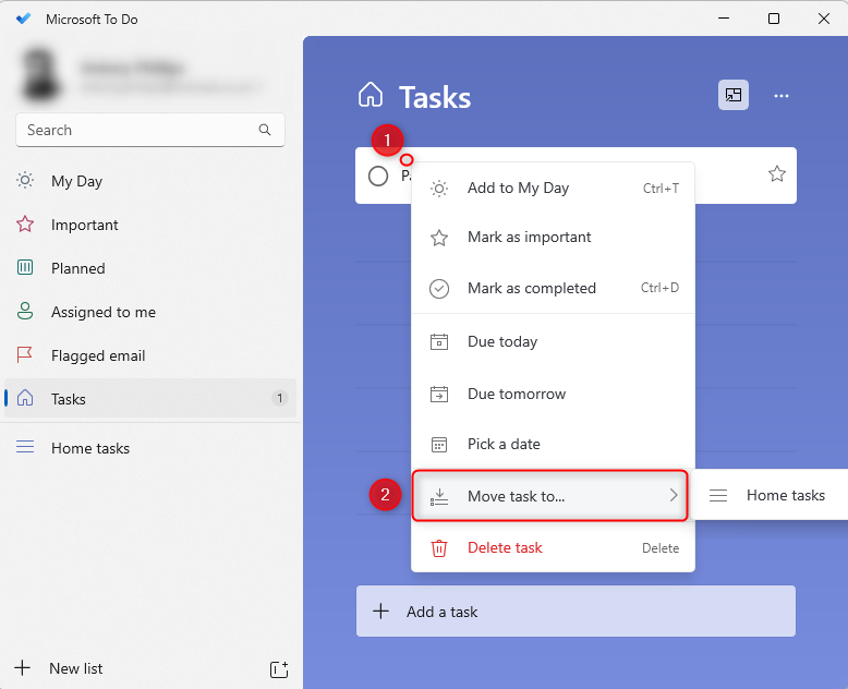 Microsoft To Do avec une tâche sélectionnée via un clic droit, « Déplacer la tâche vers » sélectionné et les listes disponibles affichées à droite.