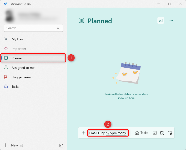 Section planifiée de Microsoft To Do avec « Envoyez un e-mail à Lucy avant 17 heures aujourd'hui » tapé dans la case en bas du panneau principal.
