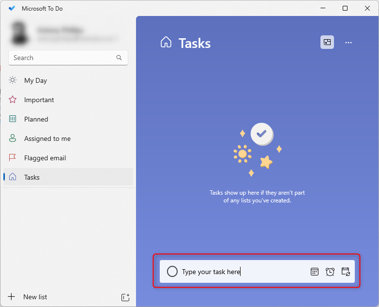 La boîte blanche Microsoft To Do en bas de l'écran contenant « Tapez votre tâche ici ».