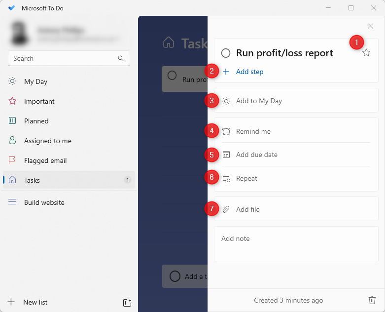 Microsoft To Do avec une tâche sélectionnée et les options disponibles pour modifier cette tâche.