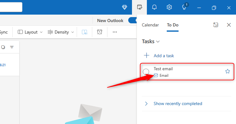 L'option Outlook « Ma journée » s'ouvre, avec une tâche insérée dans la liste des tâches.  Une flèche met en évidence le lien qui vous ramène à l'e-mail d'origine.