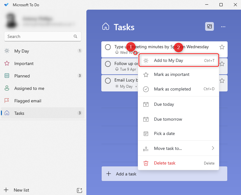 Microsoft To Do avec « Ajouter à ma journée » mis en évidence après avoir cliqué avec le bouton droit sur une tâche.