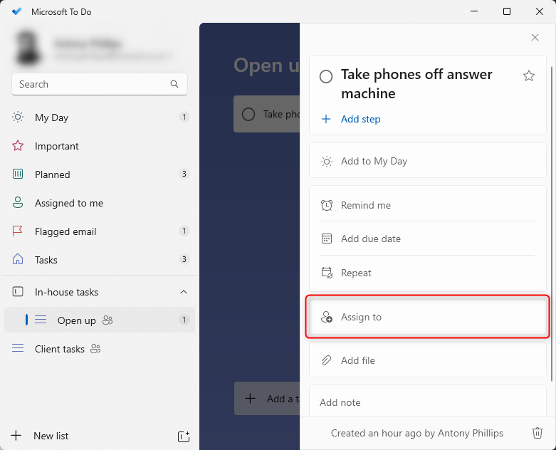 L'option Attribuer à de Microsoft To Do est mise en surbrillance.