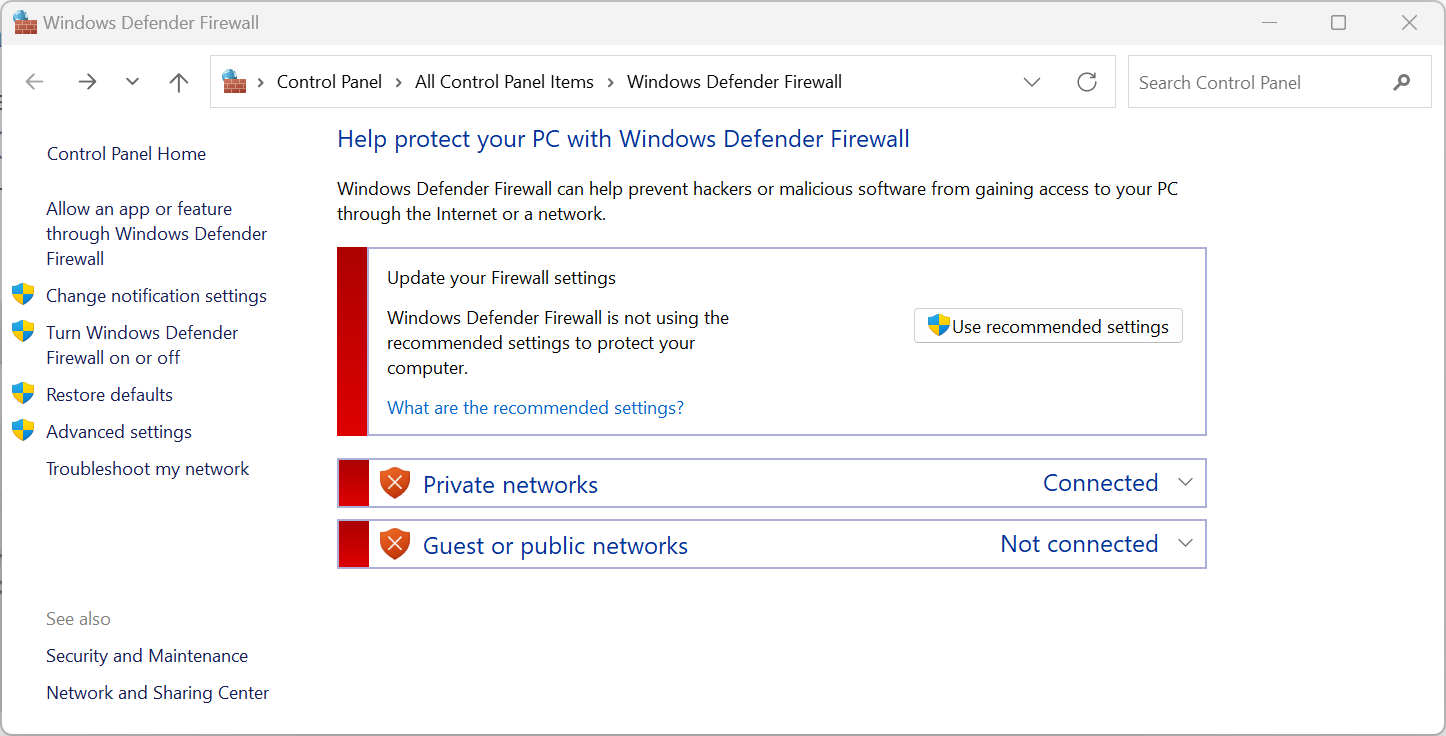 Le pare-feu Windows Defender désactivé.