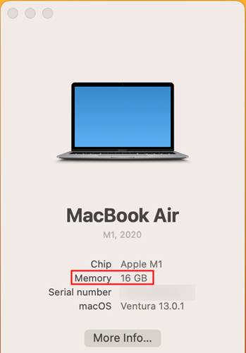 La mémoire disponible sur votre Mac est affichée sur la deuxième ligne, sous le processeur. 