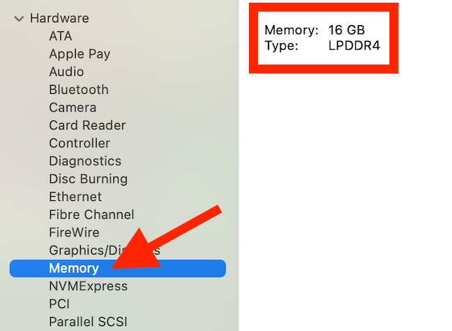 Choisir "Mémoire" dans la barre latérale gauche pour afficher la RAM de votre Mac
