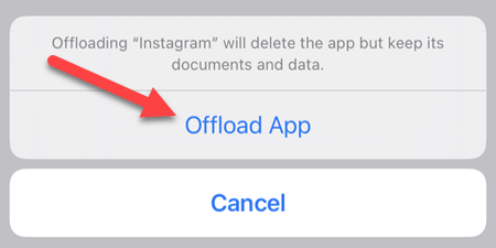 Robinet "Décharger l'application" confirmer.