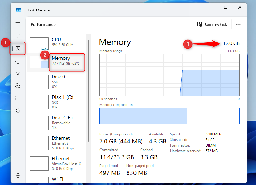 La boîte de dialogue Mémoire dans le gestionnaire de tâches Windows avec la taille de la RAM mise en évidence par une flèche rouge.