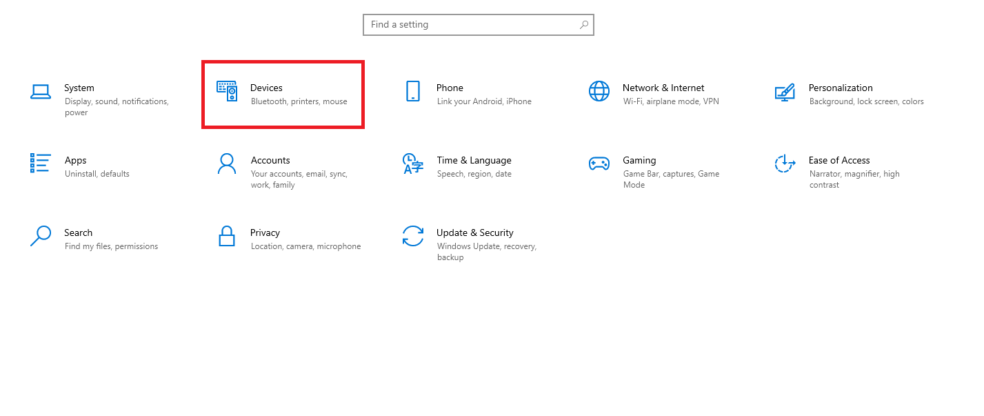 Le "Dispositifs" dans les paramètres du PC Windows 10.