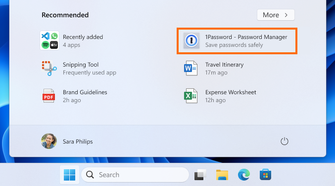Application 1Password répertoriée dans la section Recommandée du menu Démarrer