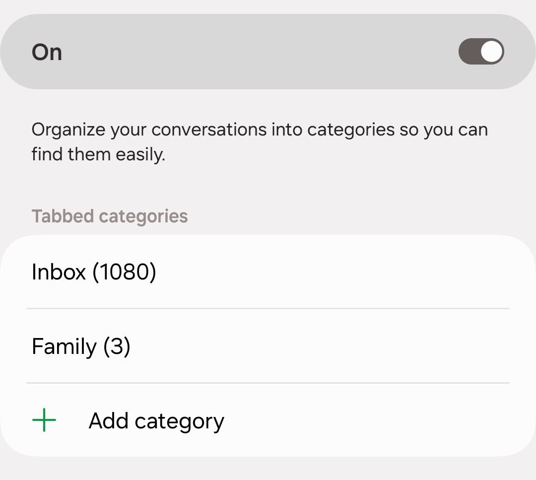 Catégories de conversation dans Samsung Messages
