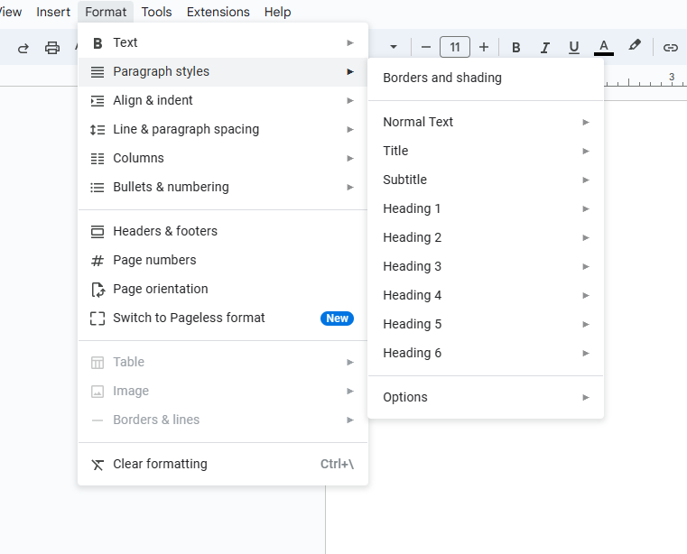 Le menu Styles sur Google Docs.