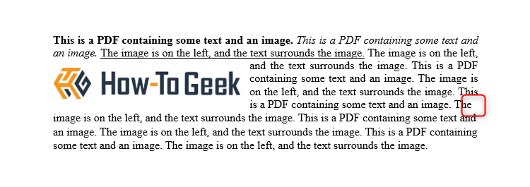 Un PDF ouvert dans un document Word, contenant une image à gauche et du texte entourant l'image.  Il y a une boîte rouge indiquant les endroits où le formatage est incohérent.
