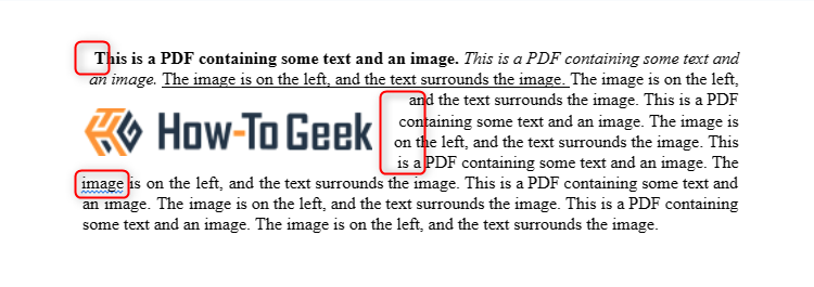 Un PDF ouvert dans un document Google Docs, contenant une image à gauche et du texte entourant l'image.  Il y a trois cases rouges indiquant les endroits où le formatage est incohérent.